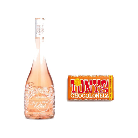 1 Vino La Vie en Rosé + 1 Chocolate de Caramelo y Sal Marina · Fondo blanco