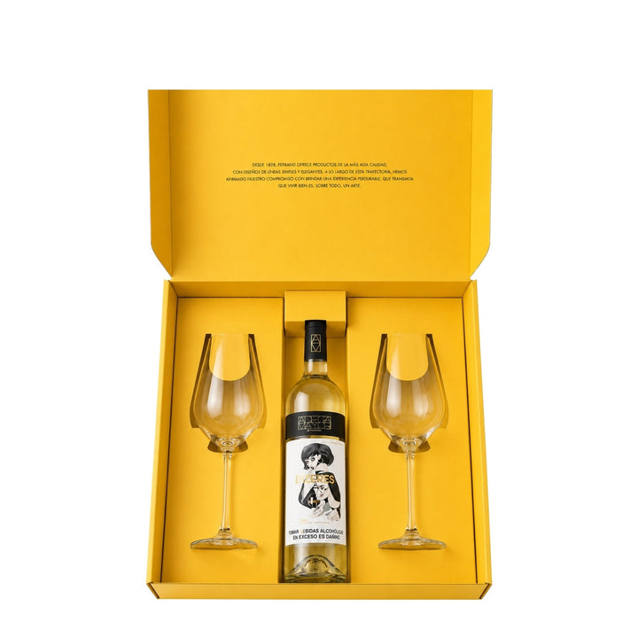 Box Ferrand: 2 copas Vinum Special + Vino Blanco Dizeres · Fondo blanco