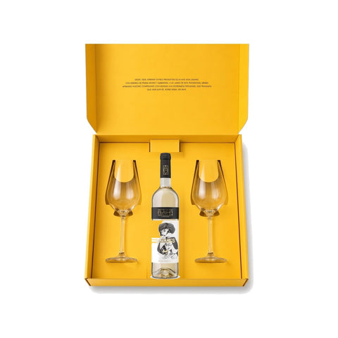 Box Ferrand: 2 copas Vinum Special + Vino Blanco Dizeres · Fondo blanco