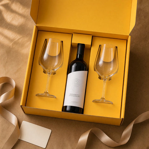 Box Ferrand: 2 copas Sommelier Classic (cristal) + Vino Tinto Primitivo · Lifestyle