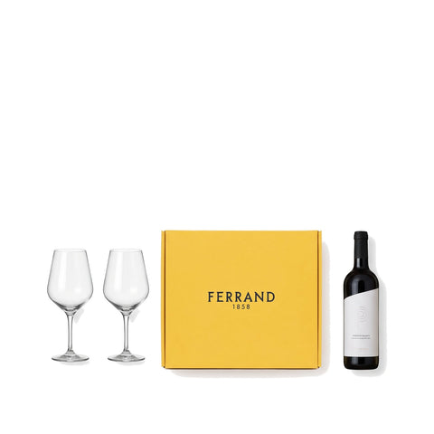Box Ferrand: 2 copas Sommelier Classic (cristal) + Vino Tinto Primitivo · Contenido de la caja
