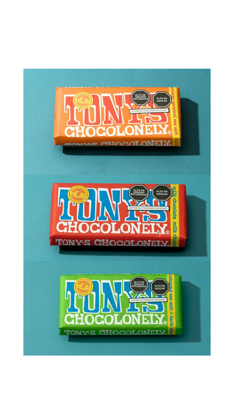 3 barras de chocolate 180gr c/u (1 caramelo & sal 32% + 1 leche + 1 vegano) Tony’s Chocolonely