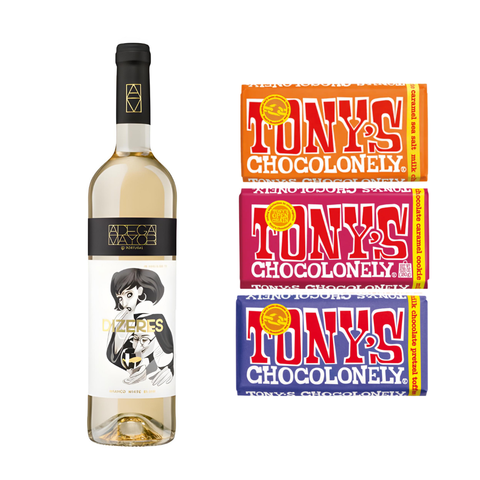 Pack x 3 barras de chocolate Tony’s Chocolonely + Vino Blanco Dizeres