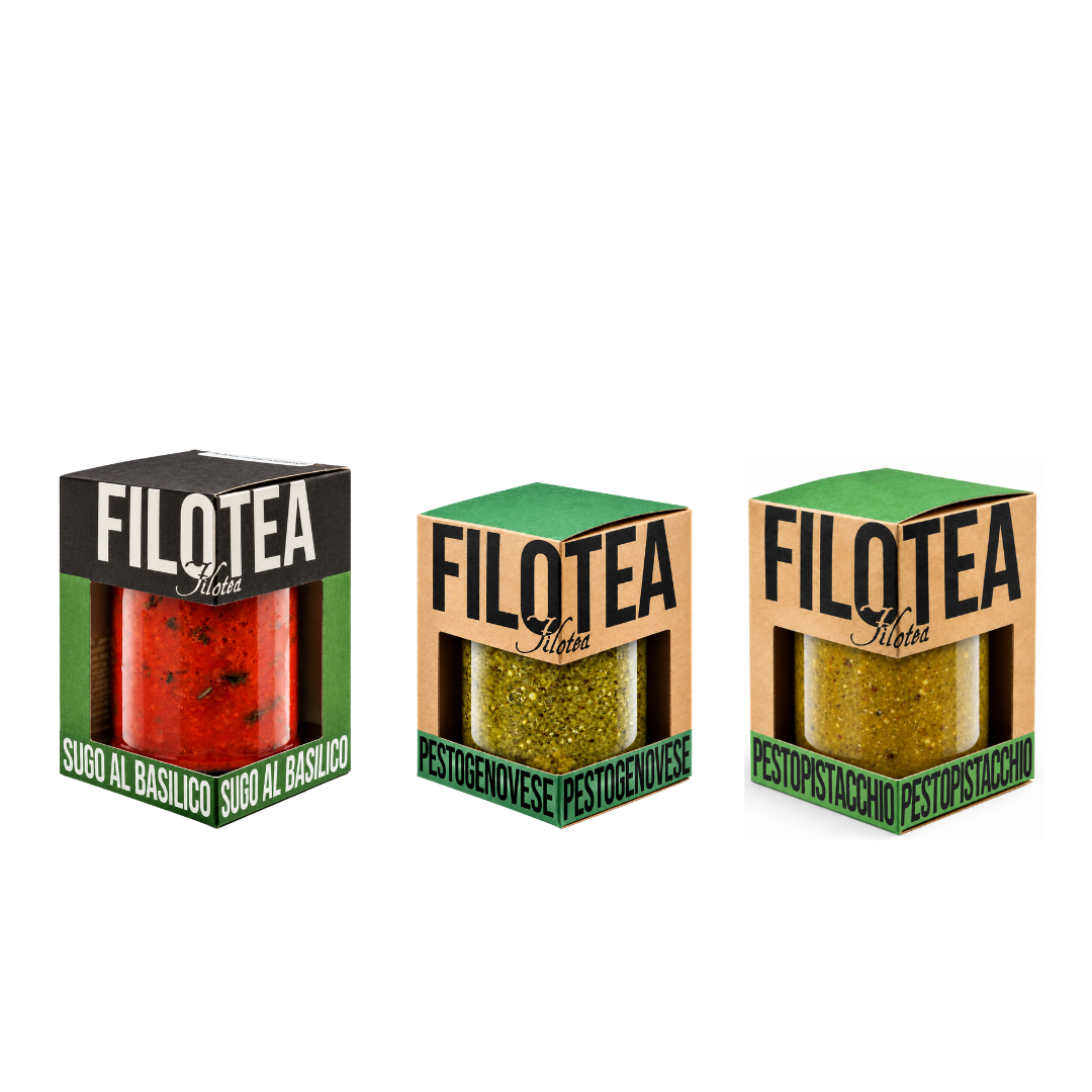 Salsa de Tomate con Albahaca + Salsa de Pesto Genovés + Salsa de Pesto de Pistacchio